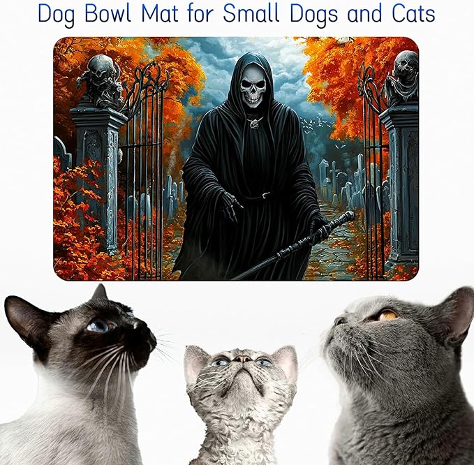 Dog Food Mat, 19.6" x 23.6" Absorbent Pet Feeding Mat for Food and Water, Waterproof Diatom Mud Pet Placemat with Non-Slip Rubber Backing, Easy Clean Cat Bowl Mat for Floors - Maple Skull