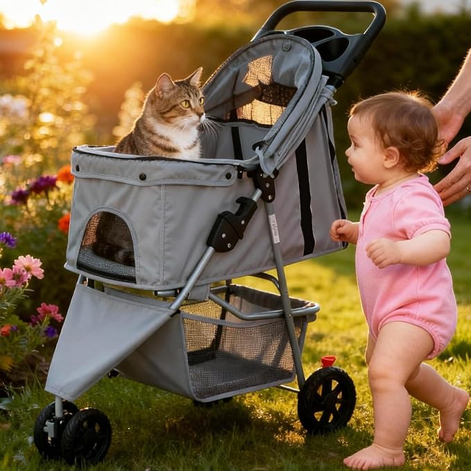 NEWBULIG 3 Wheel Pet Stroller for Dogs and Cats, Foldable, Lightweight and Durable, Ideal for Small to Medium Pets, Includes Storage Basket and Cup Holders