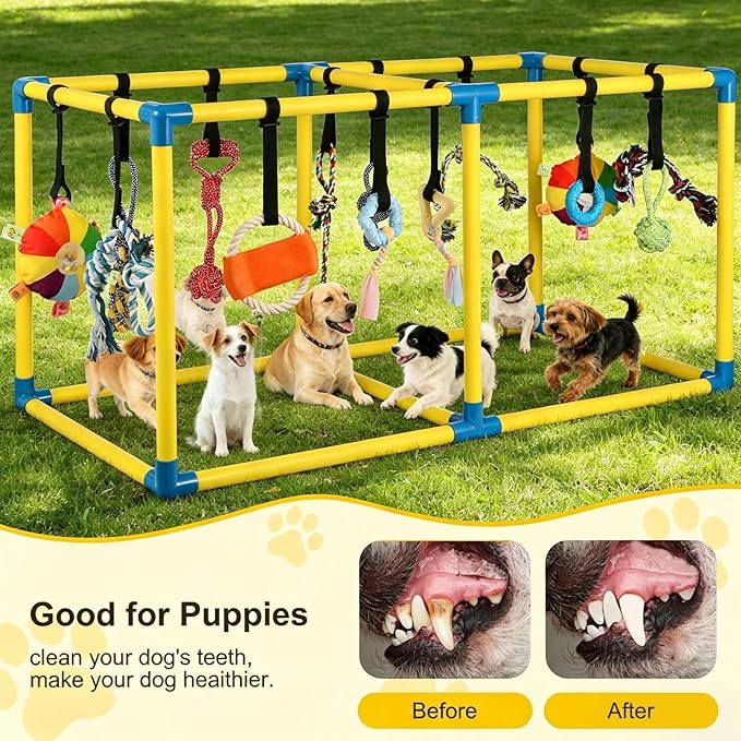 38" Extra Large Puppy Play Gym Jungle Gym with 14 Toys, Indoor Dog Activity Center with Adjustable Elastic Tug Straps, Spacious PVC Design for Small Dogs & Puppies 0-6 Months