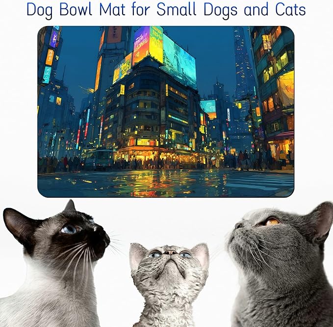 Dog Food Mat, 19.6" x 23.6" Absorbent Pet Feeding Mat for Food and Water, Waterproof Diatom Mud Pet Placemat with Non-Slip Rubber Backing, Cat Bowl Mat for Floors - Neon Architecture