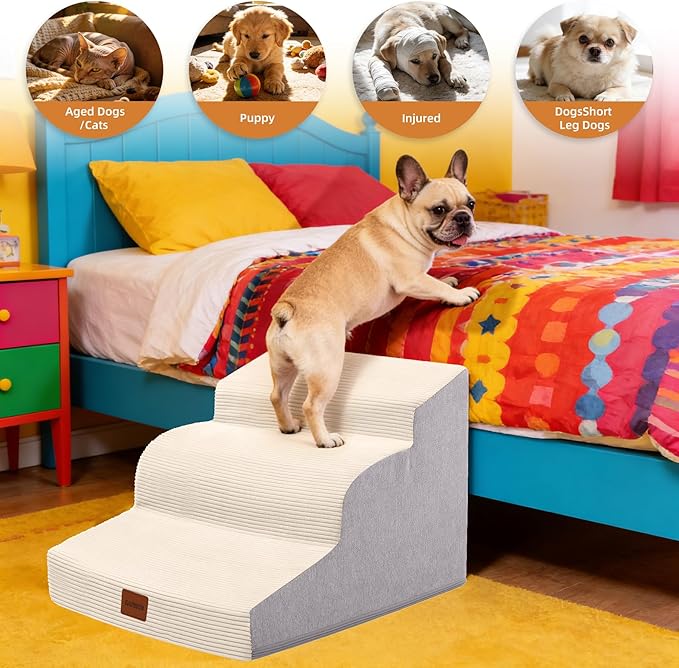 Dog Stairs for Small Dogs and Cats, 15.7" H, 3-Step Curved Pet Ramp for Couch Sofa and Chair, Non-Slip Medium Pet Steps with High Density Foam, Beige