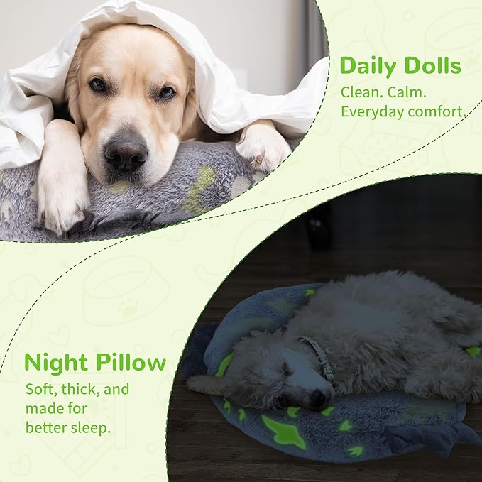 Dog Calming Pillow - Cute Soft Animal Pillow for Dogs, Cats, Kids, Adults, Washable Cozy Relaxing Pet Bed Pillow, Glow in The Dark Dog Neck Pillow (Grey, Large)