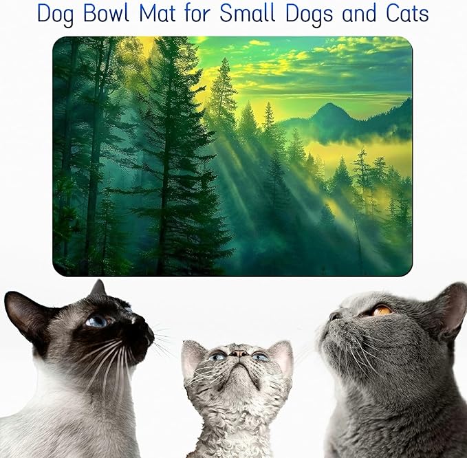 Dog Food Mat, 15.7" x 23.6" Absorbent Pet Feeding Mat for Food and Water, Waterproof Diatom Mud Pet Placemat with Non-Slip Rubber Backing, Easy Clean Cat Bowl Mat for Floors - Green Forest