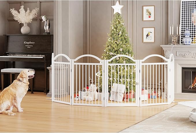 BHG Metal No-Assembly Freestanding Dog Gate with Door Walk Through, Extra Wide 144", Extra Tall 32" Pet Gate, Accordion Puppy Folding Playpen Dog Fence for Indoor & Outdoor, with 2PCS Support