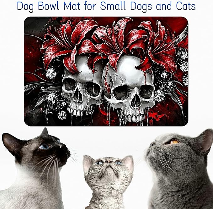 Dog Food Mat, 19.6" x 23.6" Absorbent Pet Feeding Mat for Food and Water, Waterproof Diatom Mud Pet Placemat with Non-Slip Rubber Backing, Easy Clean Cat Bowl Mat for Floors - Red Lily Skull