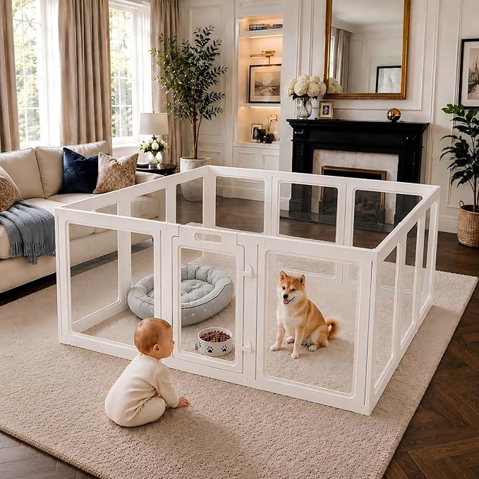 EVERFRONT Clear Acrylic Dog Playpen - Clear Dog Play Pen - Easy Assemble Acrylic Dog Playpen - Puppy Playpen, Cat Playpen, Small Animal Playpen, Dog Play Pen Indoors
