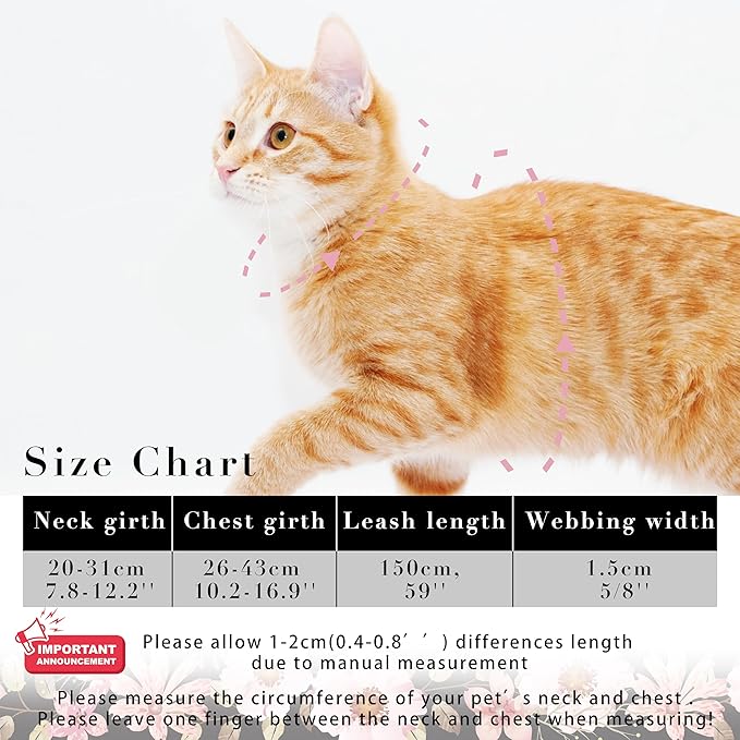 Seyezo Cat Harness and Leash Set, Adjustable Kitten Harness Escape Proof Cats Harness, Soft Lightweight Walking Travel Pet Harness, Cute Kitty Harness Leash Set for Small Medium Cats, Light Pink