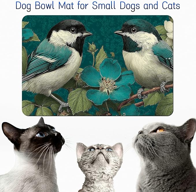 Dog Food Mat, 15.7" x 23.6" Absorbent Pet Feeding Mat for Food and Water, Waterproof Diatom Mud Pet Placemat with Non-Slip Rubber Backing, Cat Bowl Mat for Floors - Green Hummingbird Flower