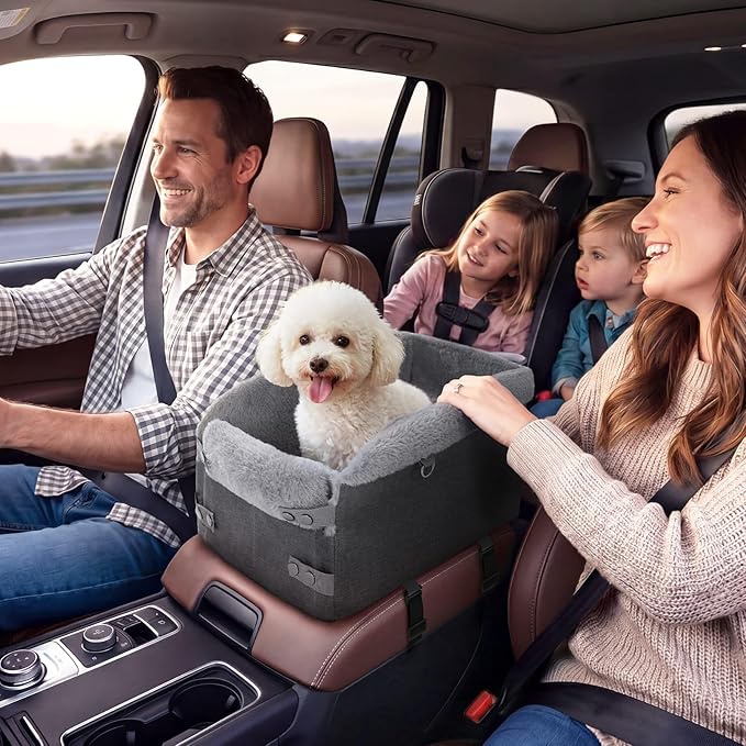 Small Dog Car Seat - Portable Center Console Puppy Booster Seats, Support Pet Up to 11lbs, Adjustable Width Travel Carseat for SUV, Truck, Removable for Cleaning (Dark Grey)