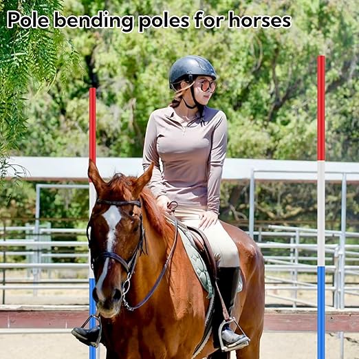 6 Pcs Pole Bending Poles for Horses with Bag, 6FT Horse Training Agility Poles Adjustable Training Equipment for Dog, Red White Blue with Metal Spring Ground Nail 