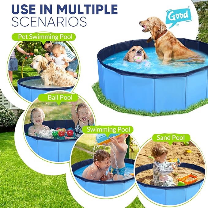 Dog Pool, Foldable Pet Swimming Pool with 6mm High-Strength PP Board, Hard Plastic Collapsible Doggy Pools for Small Dogs Kitty Duck, Non-Slip Doggie Bathtub Quick to Set Up and Drainage Hole, 48.2"