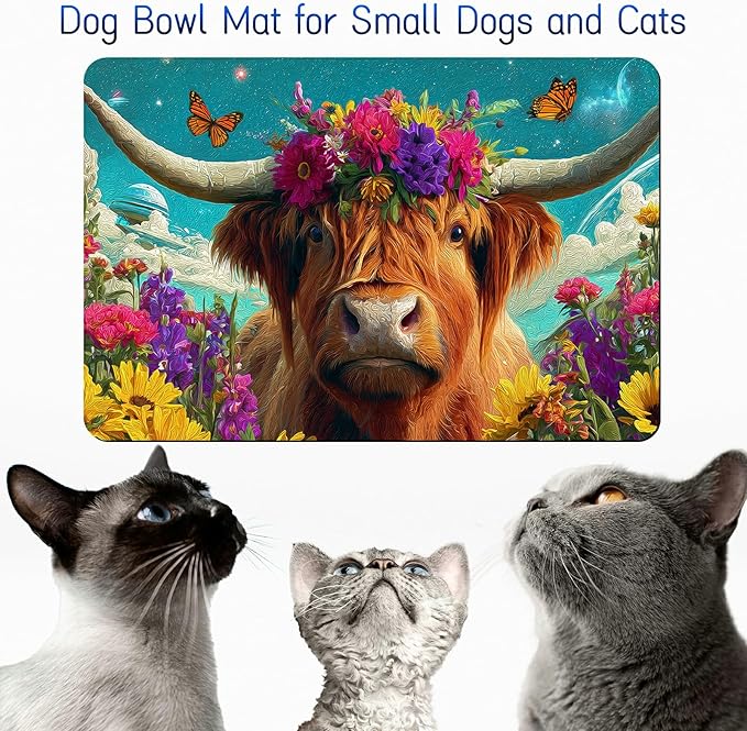 Dog Food Mat, 15.7" x 23.6" Absorbent Pet Feeding Mat for Food and Water, Waterproof Diatom Mud Pet Placemat with Non-Slip Rubber Backing, Cat Bowl Mat for Floors - Rainbow Flower Bull