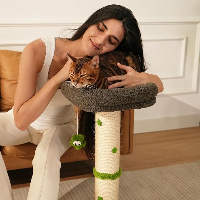 TinyBeast 29.5" Cat Tower with Scratching Post, 4-in-1 Natural Sisal Cat Scratcher with Removable Plush Perch Bed, Cat Stand Featuring Dangling Ball & Spring Ball, Cat Tree Tower for Indoor Adult Cats