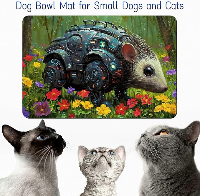 Dog Food Mat, 19.6" x 23.6" Absorbent Pet Feeding Mat for Food and Water, Waterproof Diatom Mud Pet Placemat with Non-Slip Rubber Backing, Cat Bowl Mat for Floors - Mouse Flower Forest