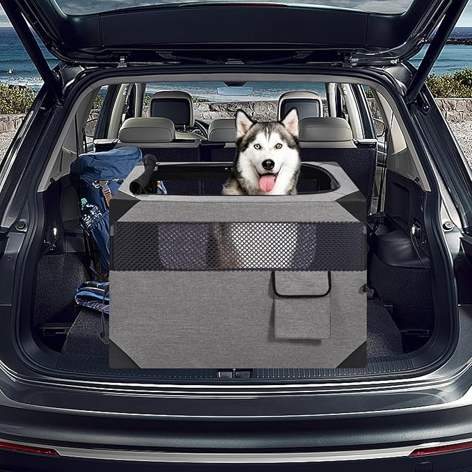 Zikopomi 30 Inch Portable Travel Dog Crate, 3 Door Collapsible Soft Pet Kennel with Durable Mesh Windows for Small and Medium Dogs, Foldable Dog Cage with Storage Pocket for Outdoor (Light Grey)
