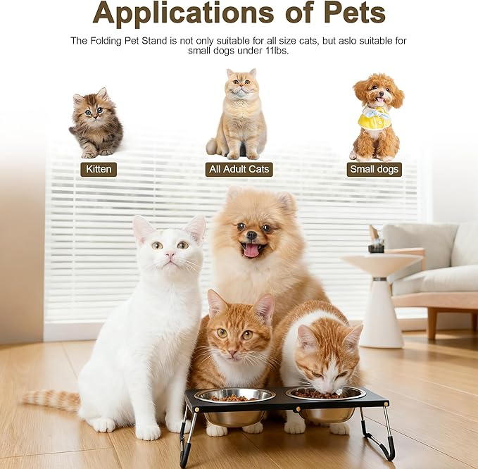 Elevated Cat Bowls with Foldable Stand, Height Adjustable Metal Raised Dog Cat Feeder with 2 Stainless Steel Bowls, Non-Slip Tilted Food Water Bowls for Cats and Small Dogs