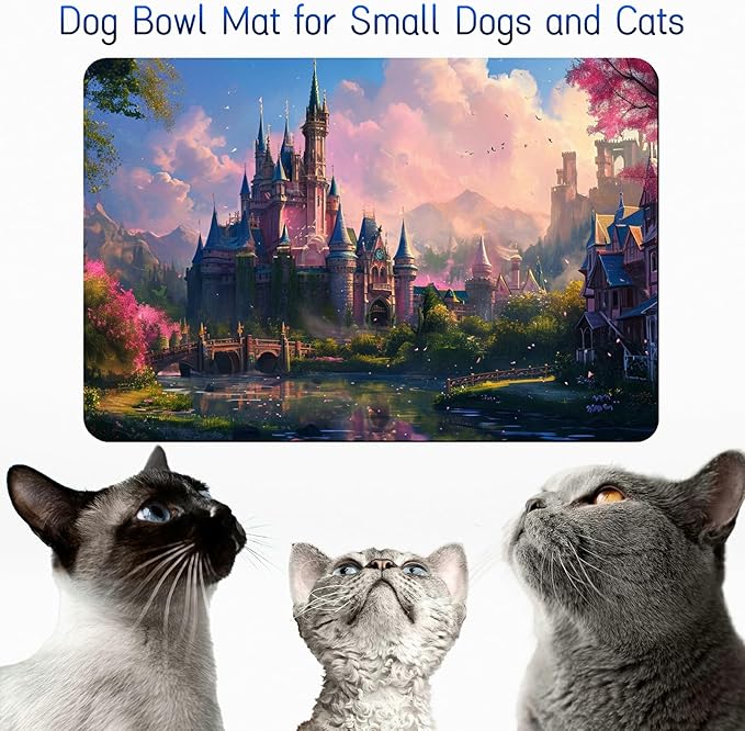 Dog Food Mat, 15.7" x 23.6" Absorbent Pet Feeding Mat for Food and Water, Waterproof Diatom Mud Pet Placemat with Non-Slip Rubber Backing, Easy Clean Cat Bowl Mat for Floors - Pink Castle