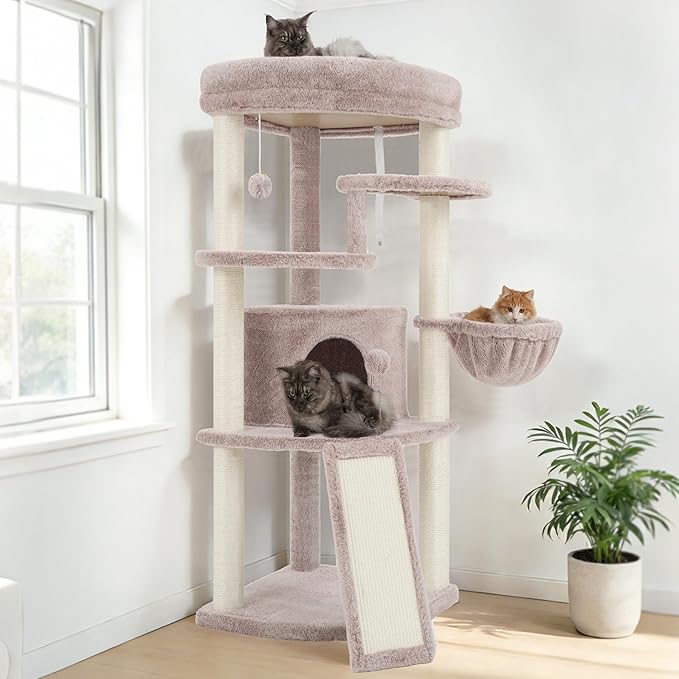Gitelsnour Corner Cat Tree for Indoor Cats, Cat Tower with All Sisal Scratching Posts, Multi-Level Cat Condo wth Cat Cave, Large Top Perch, Hanging Basket, Sisal Scratching Ramp, Mushroom GCT025MU