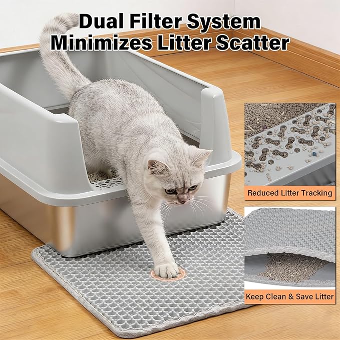 Stainless Steel Litter Box with Lid,Metal Kitty Litter Box for Small to Medium Cats,Low Entry Cat Litter Box with Scoop and Mat,Non-Stick,Anti-Leakage,Easy to Clean