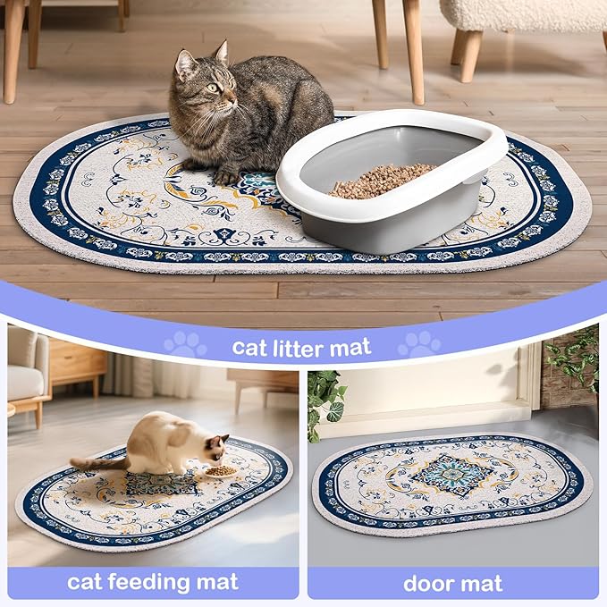 Bienbee Cat Litter Mat, 24" x 15" Litter Box Mat Rug with Non-Slip Bottom,Urine and Water Proof, Easy to Clean Cat Supplies Essentials for Indoor Kitty Kitten Floor, Blue M