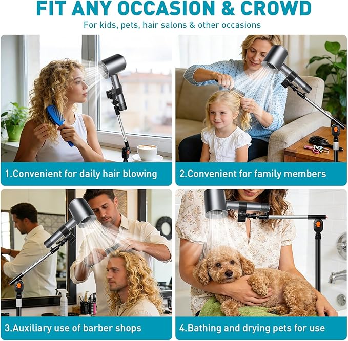 Hair Dryer Stand Hands Free, Hair Dryer Holder Stand with Rotary Lock Swing Arm, 23.6–63" Adjustable Height Hair Diffuser Stand, 360° Rotating with Heavy Base for Dyson Supersonic Bathroom, Vanity
