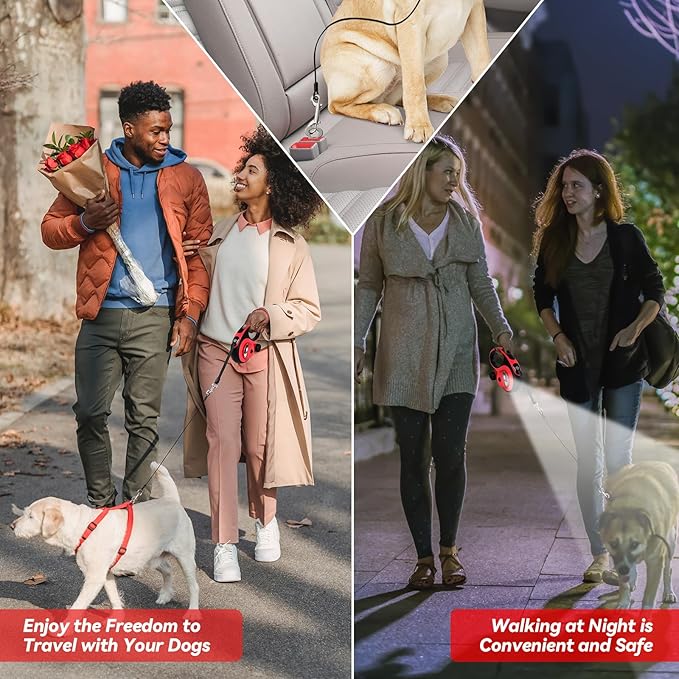 Heavy Duty Retractable Dog Leash for Large Dogs, 26ft Dog Leash with Poop Bag Holder, Up to 110lbs, chew Proof Cable, LED Light, 360° No-Tangle, One-Handed Pause & Locked (Red, L 26ft)