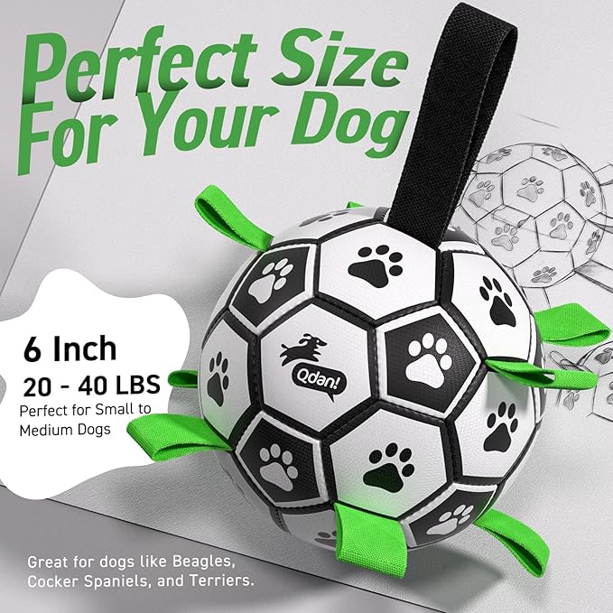 QDAN 6 Inch Dog Toys, Durable Floatable Dog Balls for Tug, Fetch, Herding and Water Play, Soft PU, World Cup Dog Soccer Ball with Straps for Small to Medium Dogs, Ideal Outdoor Play & Birthday Gift