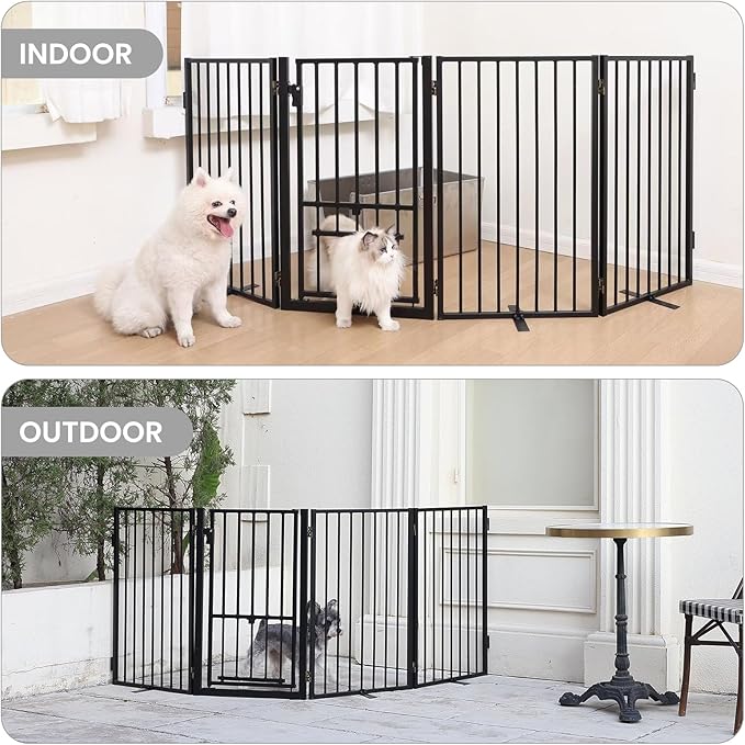 Metal Freestanding Dog Gate with Cat Door for Outdoor & Indoor,160" Extra Wide Foldable Pet Fence,30" Tall Dog Gate for RV Camping,Stairs,Hallways,Doorways,Deck,Yard,with 7PCS Support(8 Panels,Black)
