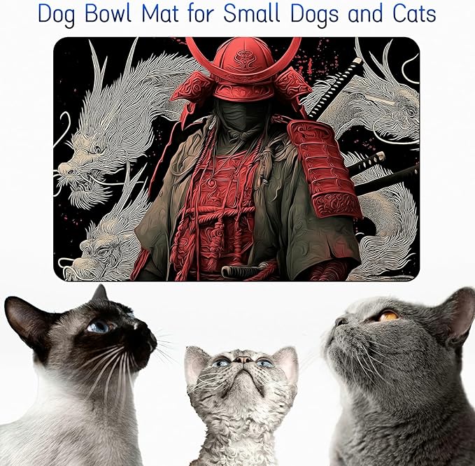Dog Food Mat, 19.6" x 23.6" Absorbent Pet Feeding Mat for Food and Water, Waterproof Diatom Mud Pet Placemat with Non-Slip Rubber Backing, Cat Bowl Mat for Floors - Red-Clothed Man Dragon