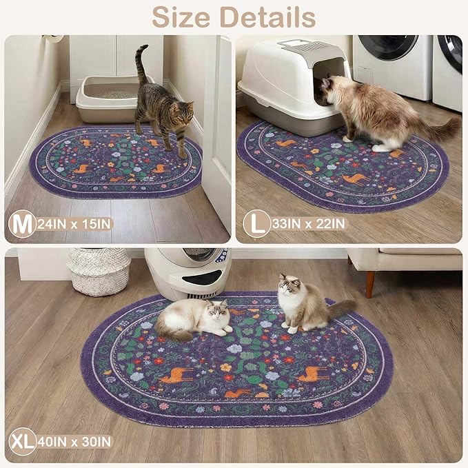 Bienbee Cat Litter Mat, 33" x 22" Large Size Litter Box Mat Rug with Non-Slip Bottom,Urine and Water Proof, Easy to Clean Cat Supplies Essentials for Indoor Kitty Kitten Floor, Dark Blue Flowers L
