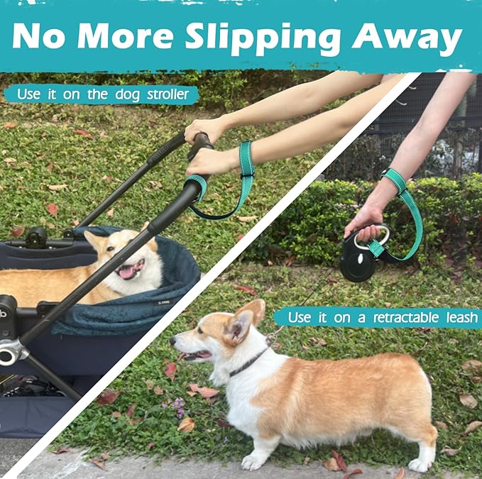PetBonus Dog Leash Wrist Strap, Safety Strap for Retractable Leash, Lockable Reflective Short Dog Walking Lead with Adjustable Soft Padded Handle, Extra Layer Security for Pet Stroller (Turquoise)