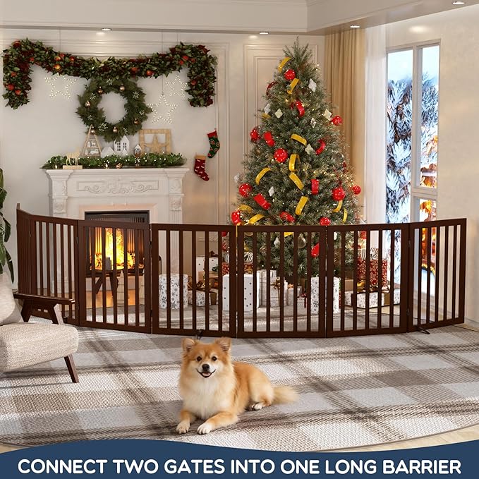 Homykic Bamboo Freestanding Dog Gate, No Assembly Pet Gate Indoor, 24”H x 75”W Extra Wide Foldable Puppy Barrier Fence with Support Feet for the House, Doorways Stairs, 4 Panels, No Drillings, Walnut