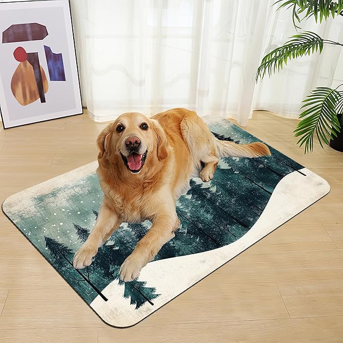 Mysty Winter Fores Pet Feeding Mat–Quick Dry Absorbent Dog Cat Food Mat, Non Slip Waterproof Bowl Placemat for Messy Eaters, Pet Accessories for Floors 12"x20"