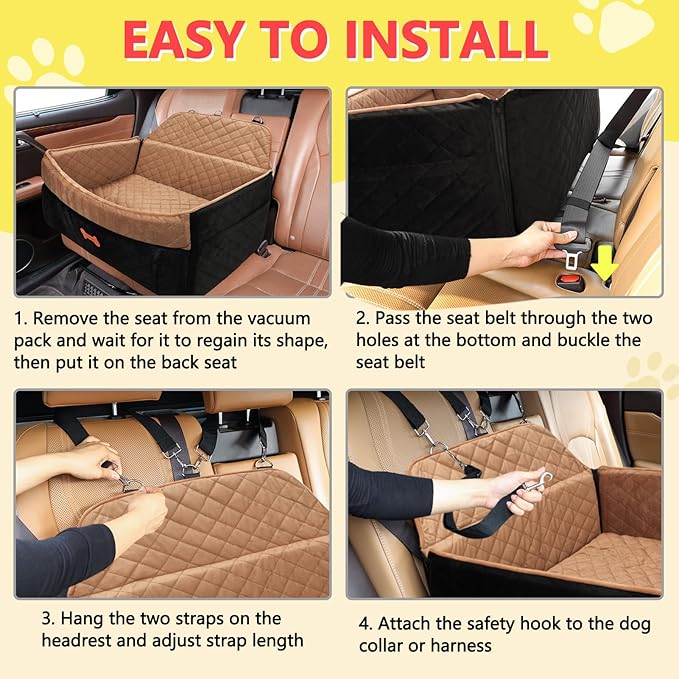 Dog Car Seat for Medium Large Dogs, Detachable Washable Pet Booster Seat with Memory Foam Cushion, Side Pockets, 2 Clip-On Safety Leashes Pet Car Seat for Dog Up to 60 lbs/2 Small Dogs-Brown