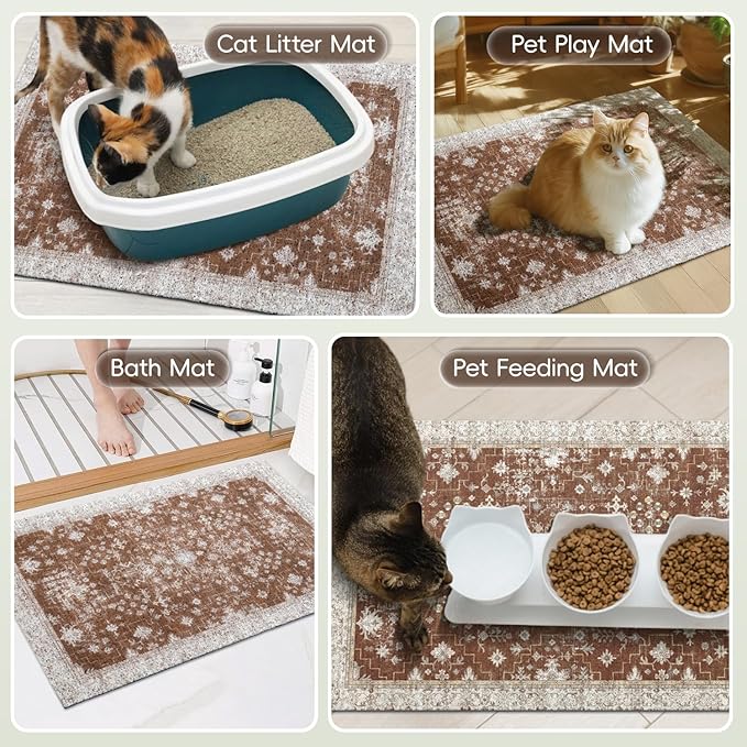 Cat Litter Mat Litter Trapping Mat, 40"x30" Waterproof Urine Proof Litter Box Mat Catcher Mat Non-Slip Washable for Kitty Kitten, Brown