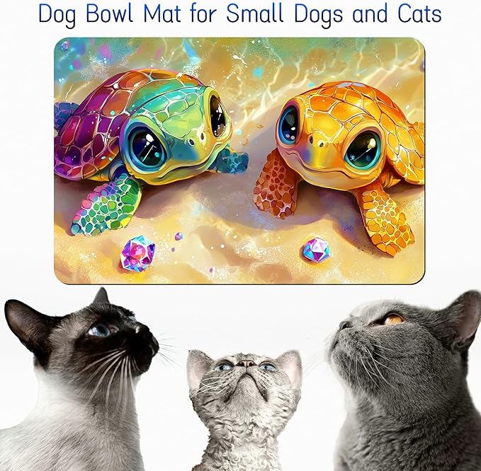 Dog Food Mat, 15.7" x 23.6" Absorbent Pet Feeding Mat for Food and Water, Waterproof Diatom Mud Pet Placemat with Non-Slip Rubber Backing, Cat Bowl Mat for Floors - Orange Green Turtle