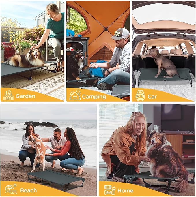 CANINE CANYON Upgraded Non-Slip Daisy Cot, Large Foldable Elevated Dog Bed, Portable Raised Outdoor Folding Dog Cot for Camping/Home, Chew Proof Waterproof Heavy Duty Up to 160 Lbs, Dark Gray, 43"x27"