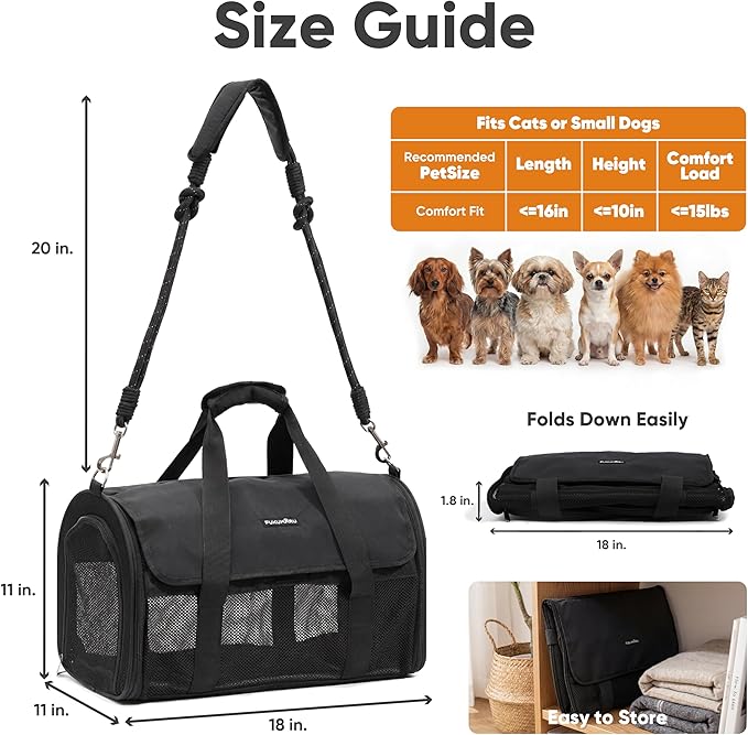 FUKUMARU Cat Carrier, Light & Airy Pet Carrier, 18x11x11 Airline Approved Dog Carrier for Small Dogs, Collapsible Soft Cat Travel Carrier with Anti-Scratch Mesh, Black