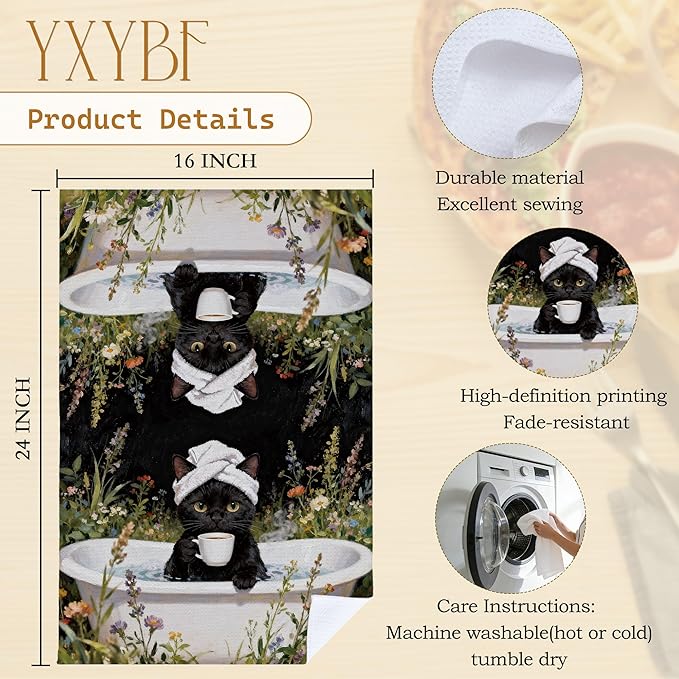 Funny Black Cat Hand Towels for Bathroom Washroom Spa Decor 16x24 Inches, Black Cat Gifts for Women, Floral Coffee Kitty Bathroom Hand Tea Towels Decorative