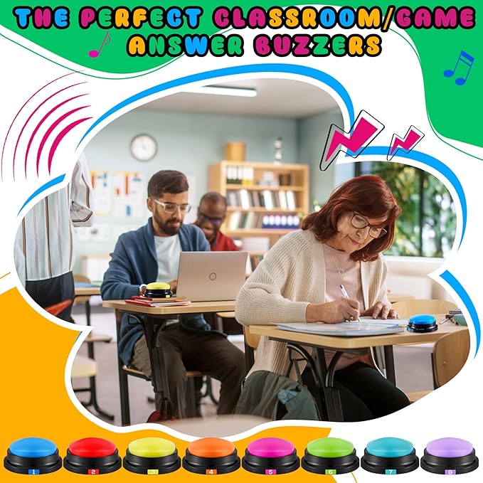 Xuhal 8 Pcs Recording Button Buzzers for Trivia Games with Number Recordable Answer Buzzers for Communication Pet Training Gift for Back to School Game Trivia Nights, 8 Colors (Vibrant Color,Simple)