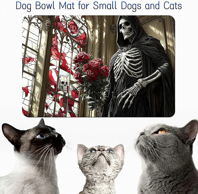 Dog Food Mat, 19.6" x 23.6" Absorbent Pet Feeding Mat for Food and Water, Waterproof Diatom Mud Pet Placemat with Non-Slip Rubber Backing, Easy Clean Cat Bowl Mat for Floors - Rose Black Skull