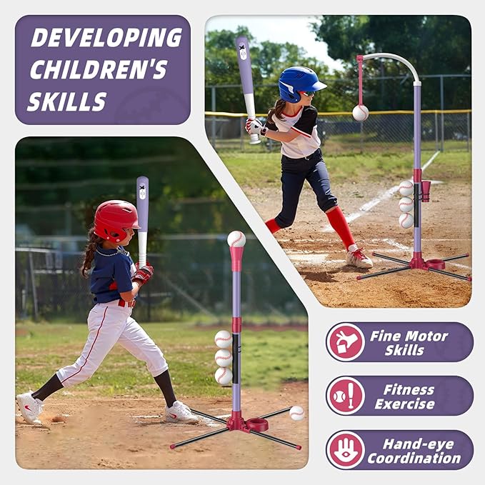 Wee Wonders 3-in-1 T Ball Set - Adjustable Height, Hanging Tee Ball Set with Automatic Pitching Machine/6 Balls/Retractable Bat, TBall Stand Suit for Outdoor, Sport Toys Gifts for Kids Girls Age 3+