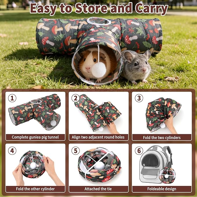 Rypet 3-Way Guinea Pig Tunnel, Collapsible Small Animal Enrichment Toy with Ball, Foldable Rabbit & Hamster Tunnel for Boredom Relief, Washable, Indoor/Outdoor Play