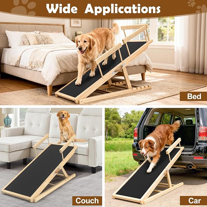 Dog Ramp for Bed and Couch - 55" Extra Long Wooden Pet Ramp with Non-Slip Silicone Surface & Side Rails, 6 Adjustable Heights (19.7"-27.6"), 250 lb Capacity, Safe Mobility for Senior Large Dogs