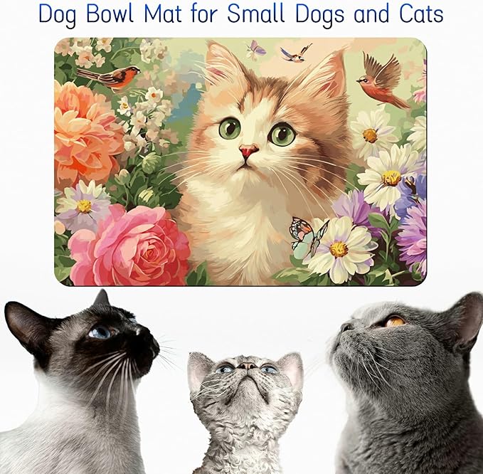 Dog Food Mat, 19.6" x 23.6" Absorbent Pet Feeding Mat for Food and Water, Waterproof Diatom Mud Pet Placemat with Non-Slip Rubber Backing, Easy Clean Cat Bowl Mat for Floors - Peony Cat