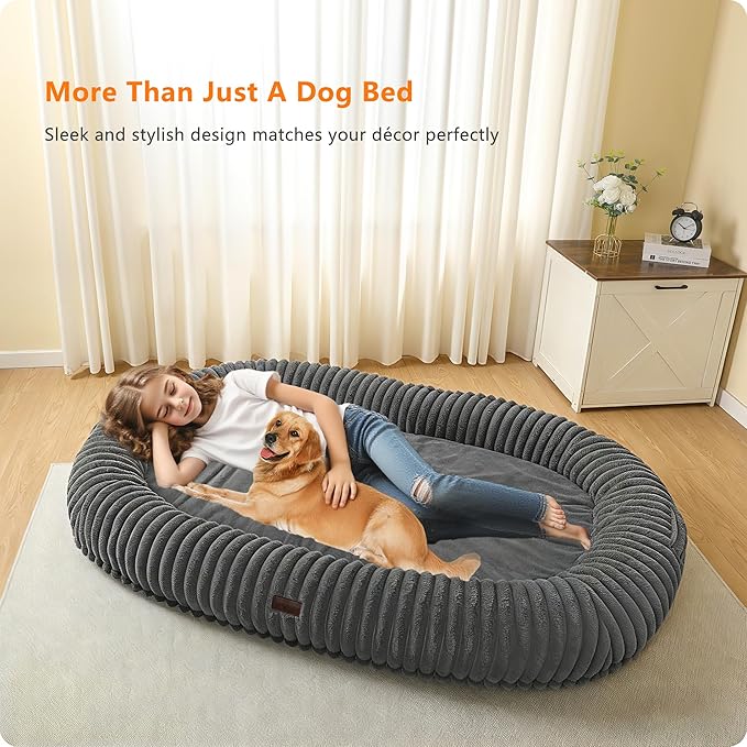 Human Dog Bed for Adult, Reversible Orthopedic Gel Memory Foam Cushion, Washable Corduroy Fleece, Plump Edge with Blanket, Storage Pocket, Strap, 65"x41.3"x9", Extra Large, Medium Grey