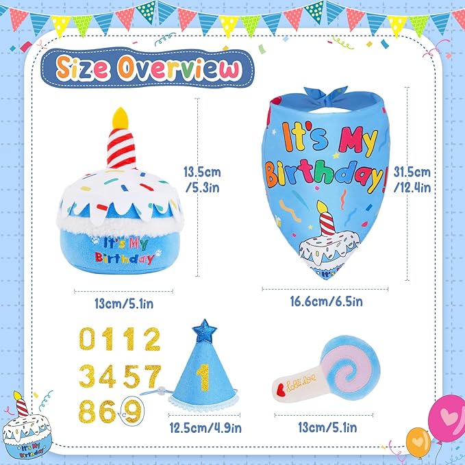 KIPRITII Dog Birthday Party Supplies – Dog Squeak Toys, Birthday Bandana & Hat for Small Dogs, Interactive Puppy Plush Toys to Relieve Boredom