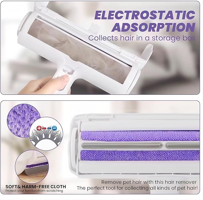 Reusable Pet Hair Remover Roller β Dog & Cat Fur Lint Cleaner for Sofa, Carpet, Bed & Car Seats β No Adhesive Required (White/Purple)