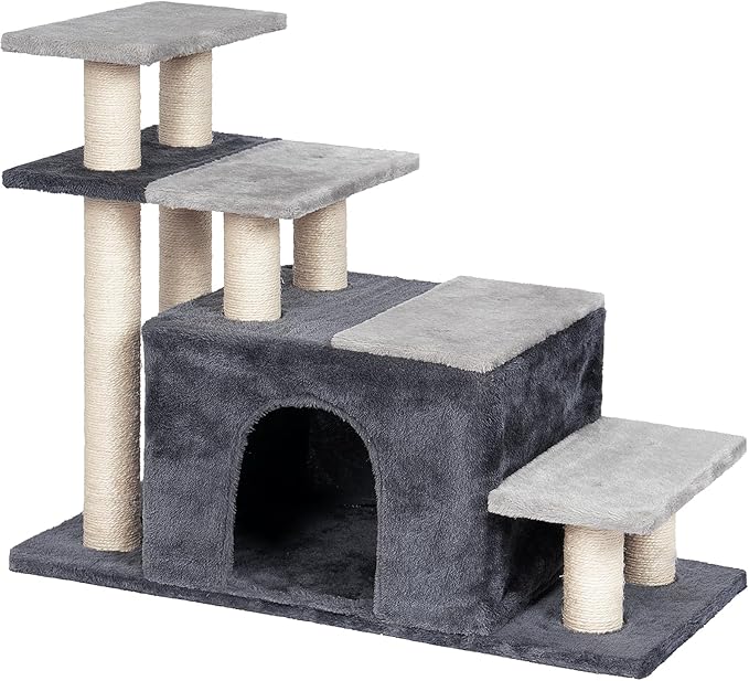 Aechonow 4-Tier Cat Stairs for High Bed with 22'' Cat Scratching Post, Pet Steps for Doggies Rabbit Ferret, Adjustable Cat Cave, Grey, Extra Large
