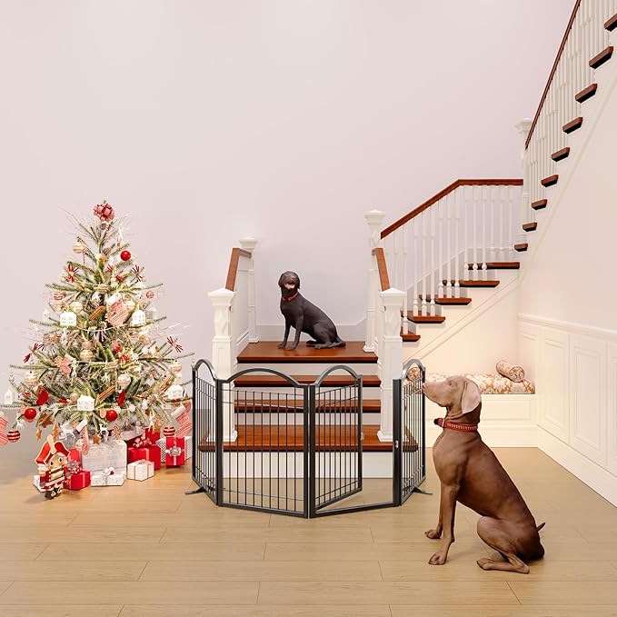 BHG Metal No-Assembly Freestanding Dog Gate with Door Walk Through, Extra Wide 96", Extra Tall 32" Pet Gate, Accordion Puppy Folding Playpen Dog Fence, with 2PCS Support (Black, 4 Panels)